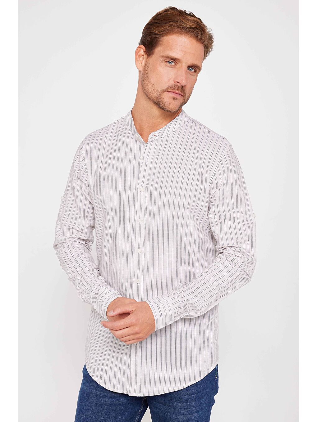 Karışık Erkek Slim Fit Dar Kesim Uzun Kollu %100 Pamuk Keten Doku Çizgili Hakim Yaka Gömlek
