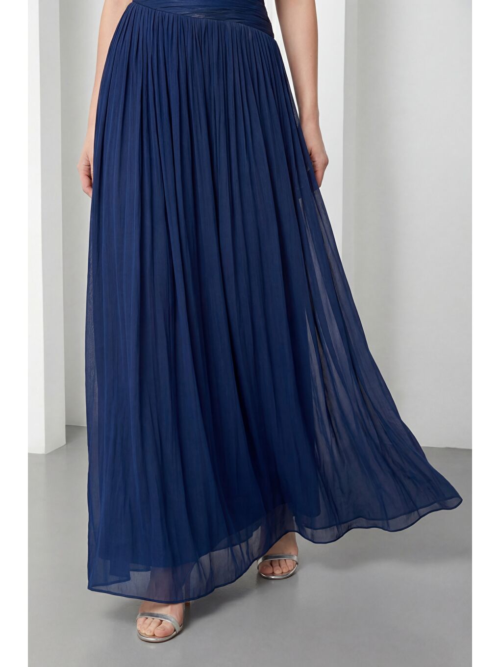 Kadın Lacivert Kayık Yaka Drapeli Uzun Söz Nişan Nikah Abiye Elbise-2