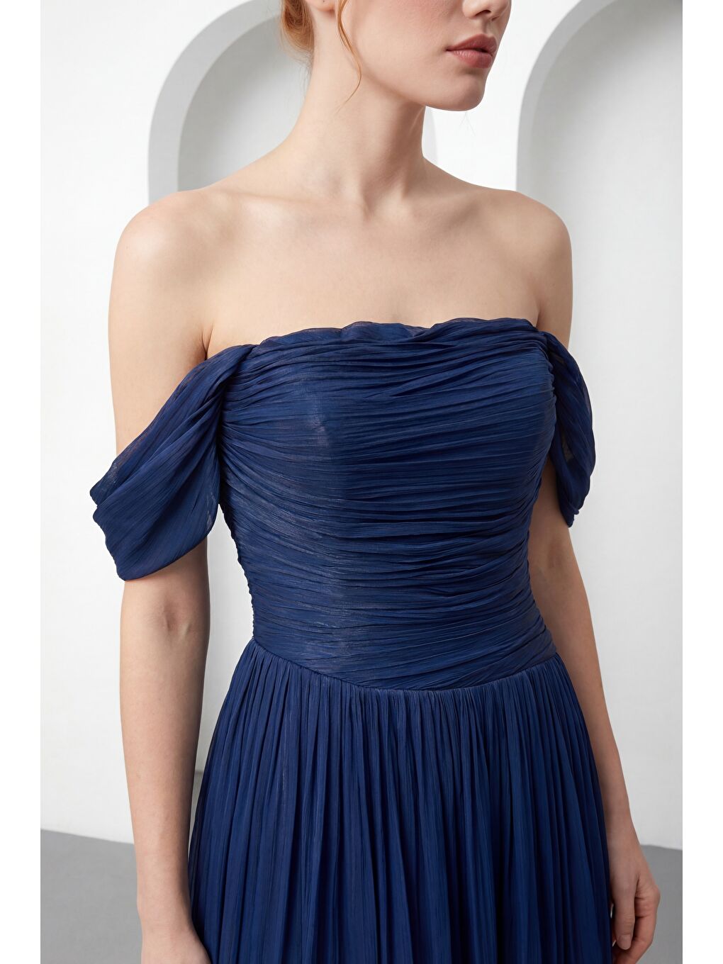 Kadın Lacivert Kayık Yaka Drapeli Uzun Söz Nişan Nikah Abiye Elbise-3