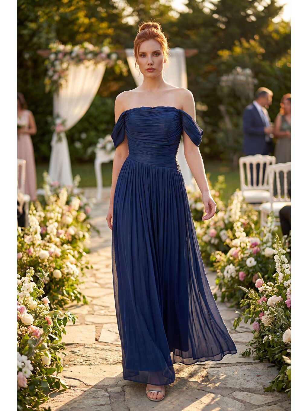 Kadın Lacivert Kayık Yaka Drapeli Uzun Söz Nişan Nikah Abiye Elbise-4