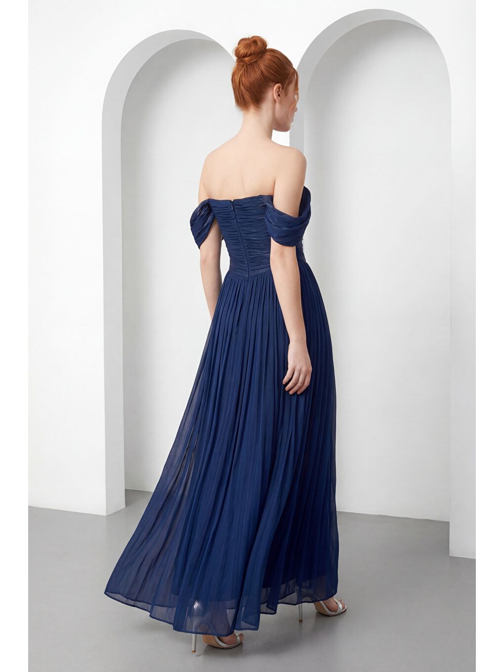 Kadın Lacivert Kayık Yaka Drapeli Uzun Söz Nişan Nikah Abiye Elbise-5