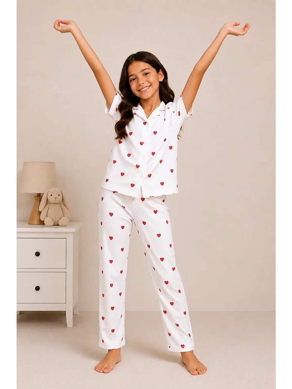 Beyaz Desenli Kız Çocuk Pijama Takımı 9927-1