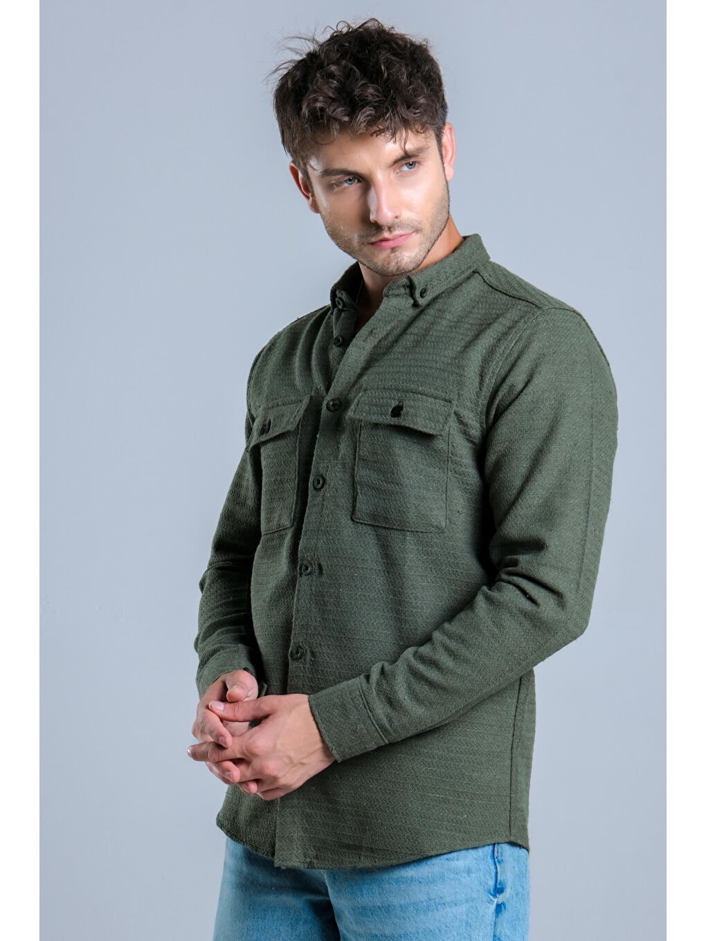 Haki Çift Cep Kapaklı Kışlık Gömlek MAR 4221-2