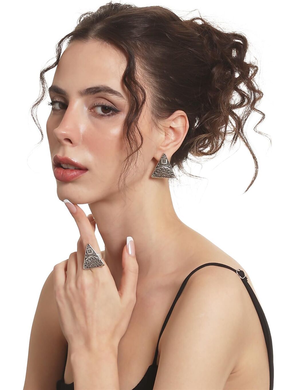 Gri Kadın Antik Gümüş Kaplama Etnik Motif Baskılı Çivili Model Üçgen Küpe &Yüzük Set-2