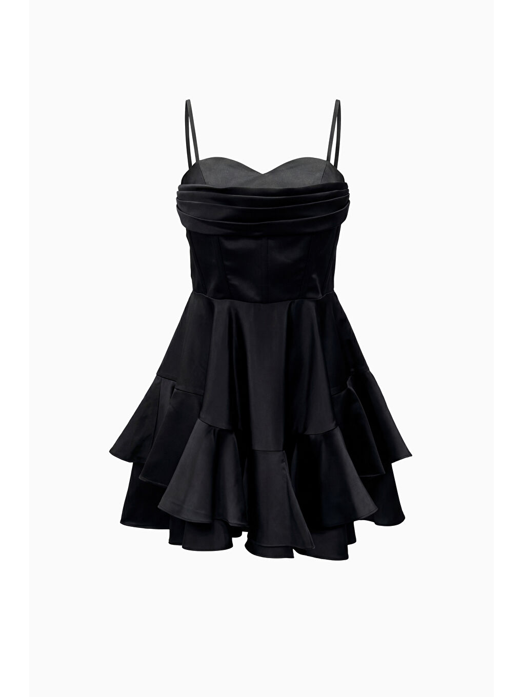 Kadın Siyah İnce Askılı Volanlı Mini Saten Mezuniyet Abiye Elbise-6