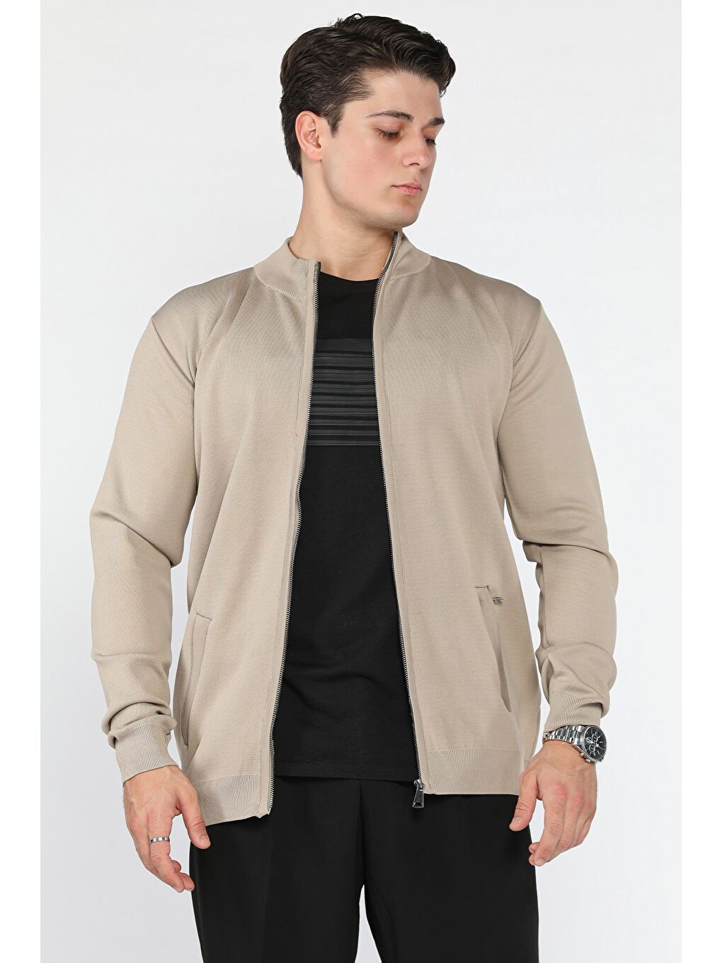 Bej Erkek Fermuarlı Triko Hırka-1