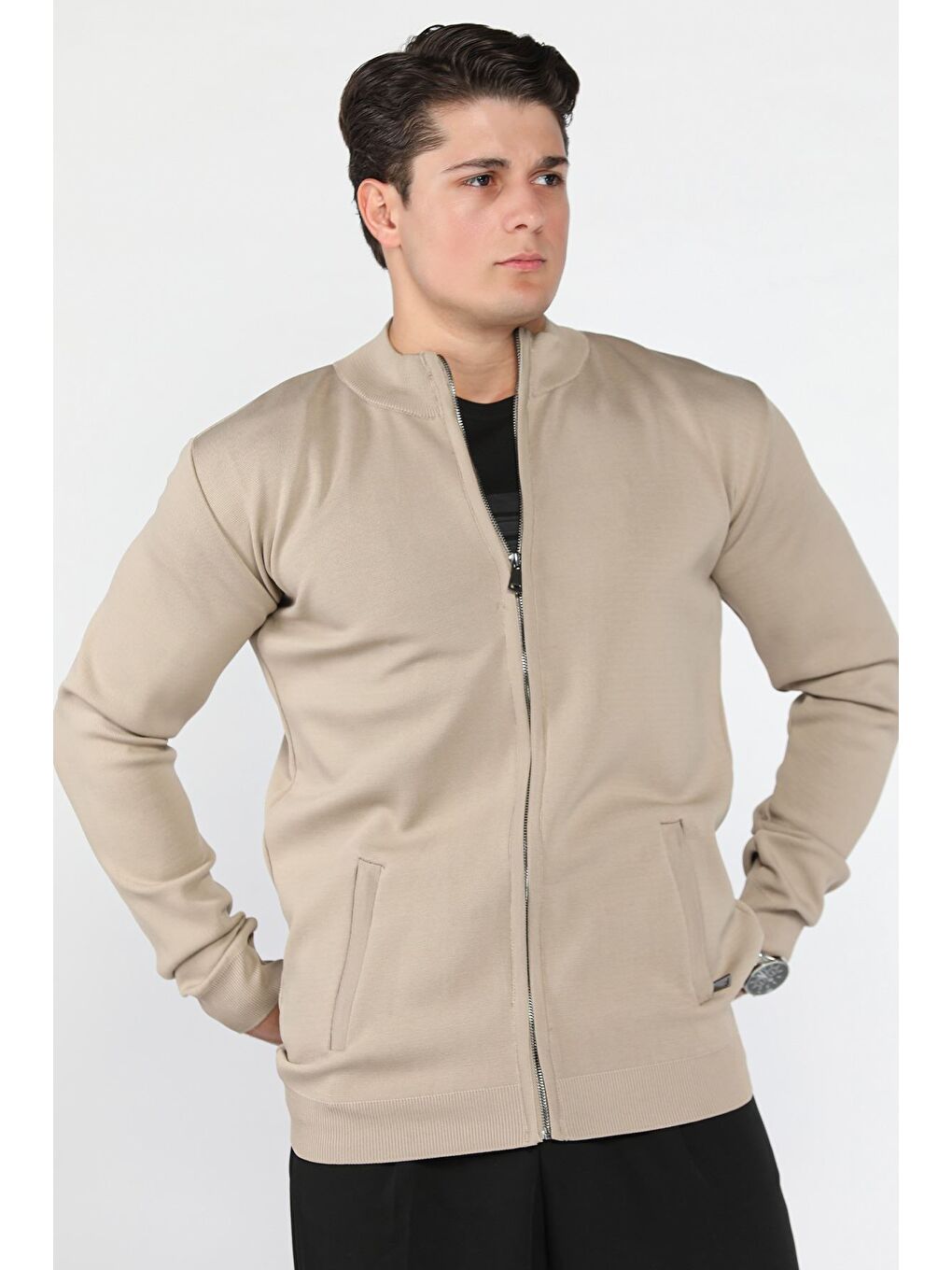Bej Erkek Fermuarlı Triko Hırka-2