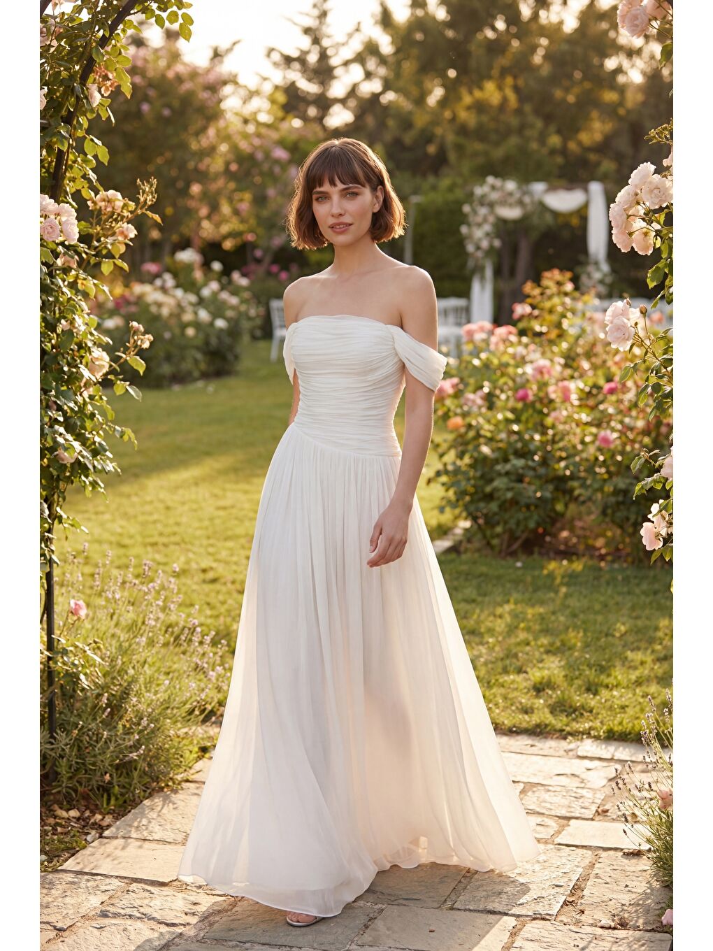 Kadın Beyaz Kayık Yaka Drapeli Uzun Söz Nişan Nikah Abiye Elbise-4