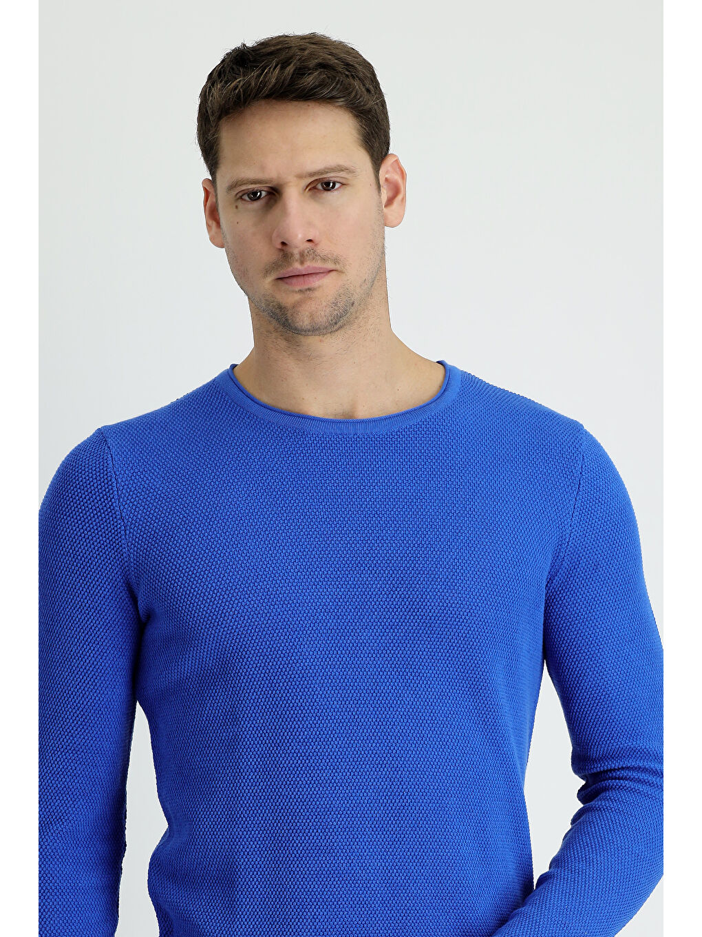 Mavi Bisiklet Yaka Slim Fit Dar Kesim Düz Pamuklu Triko Kazak-1