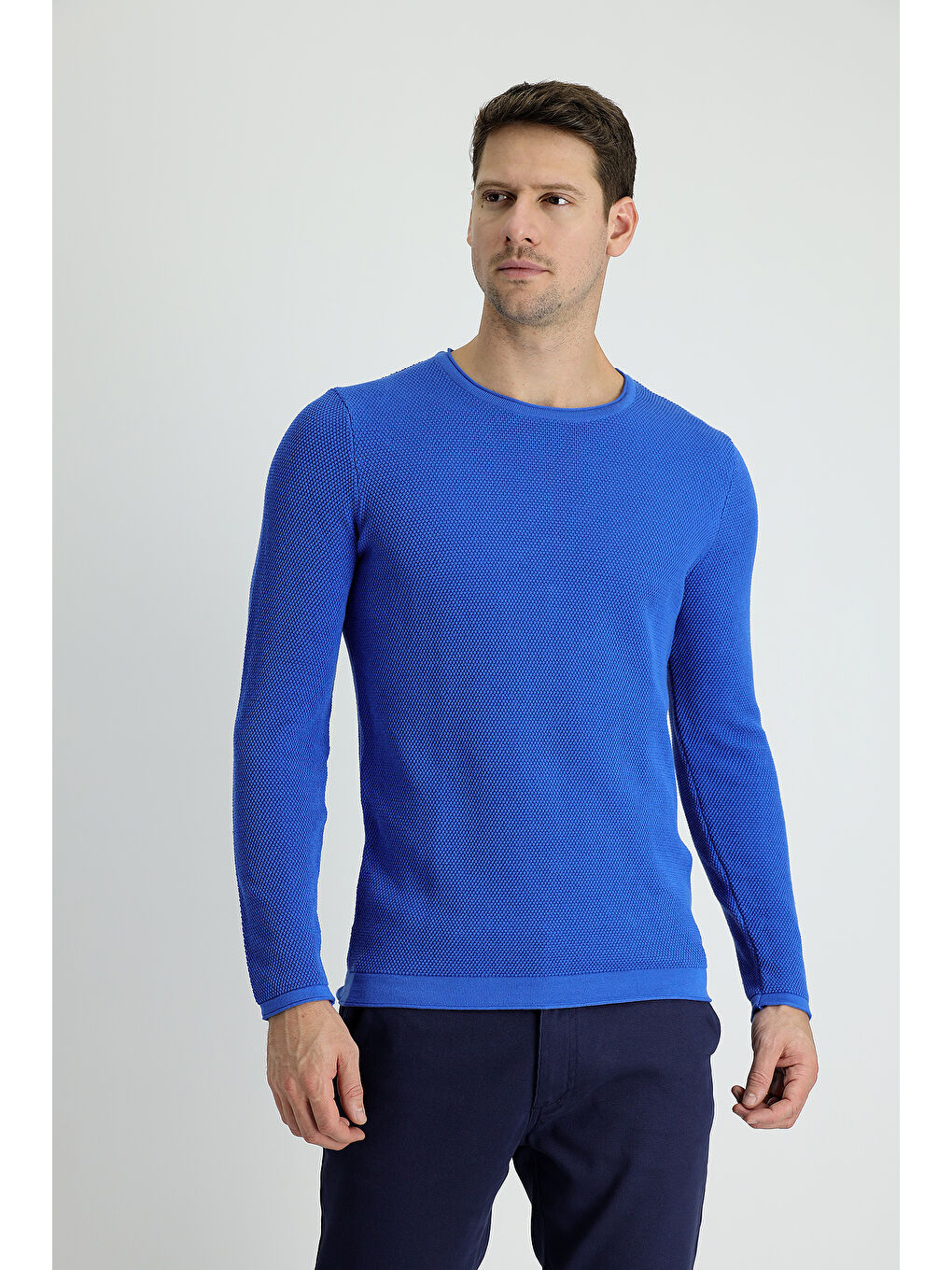 Mavi Bisiklet Yaka Slim Fit Dar Kesim Düz Pamuklu Triko Kazak