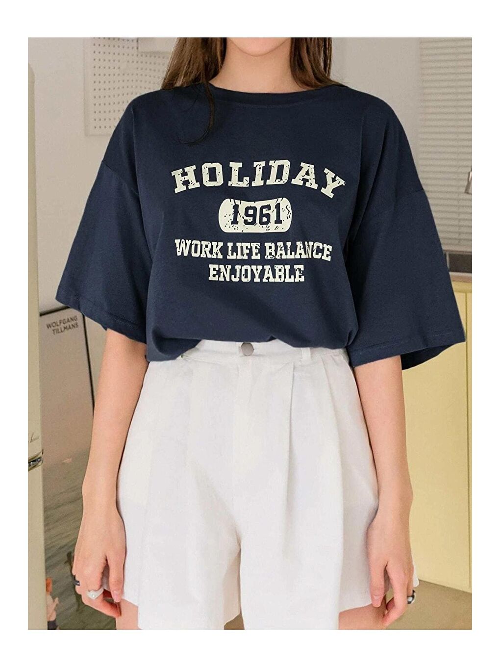 Trendseninle Lacivert Kadın Lacivert Holiday 1961 Baskılı Oversize Tişört - 3