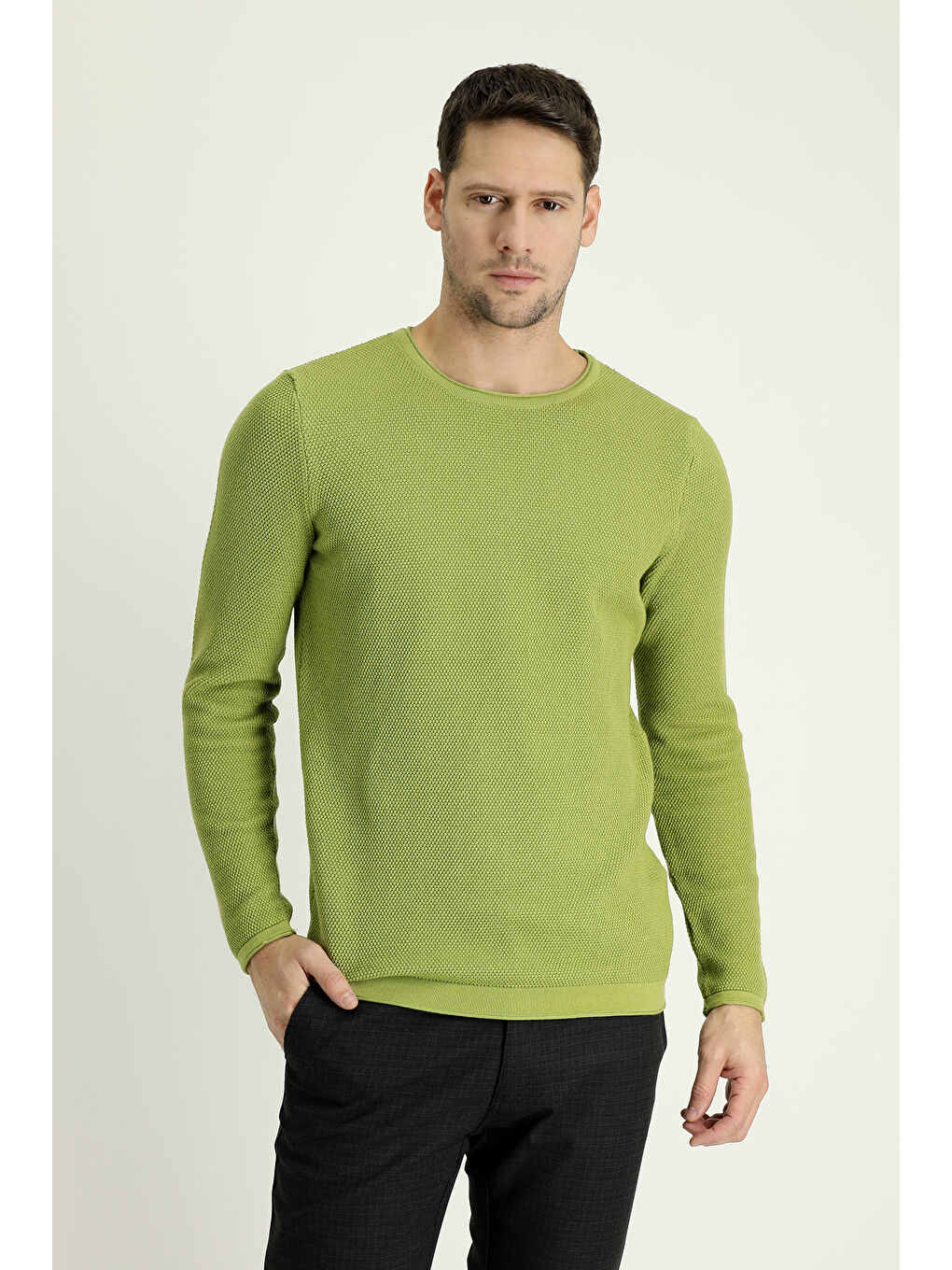 Yeşil Bisiklet Yaka Slim Fit Dar Kesim Düz Pamuklu Triko Kazak