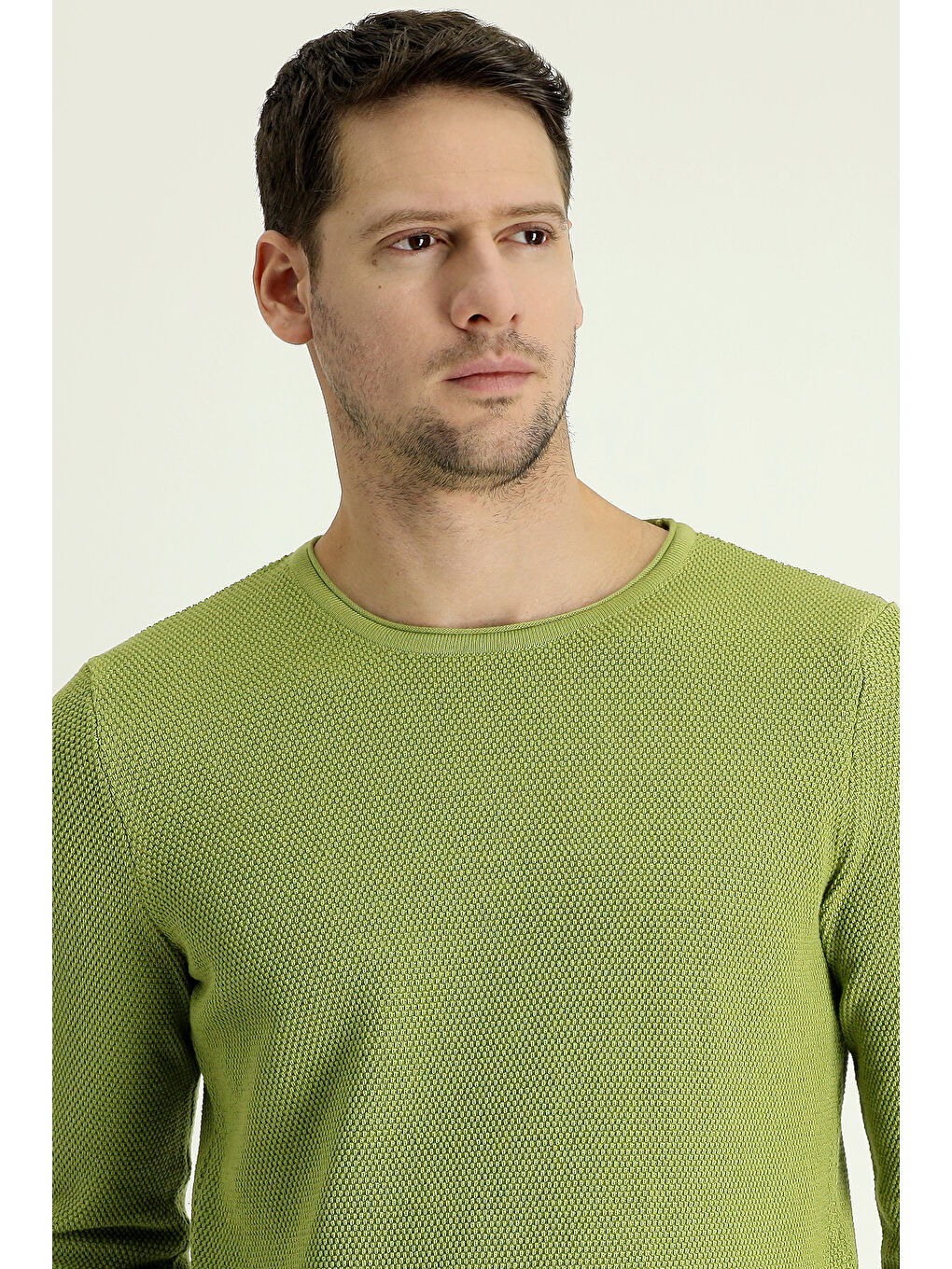 Yeşil Bisiklet Yaka Slim Fit Dar Kesim Düz Pamuklu Triko Kazak-1