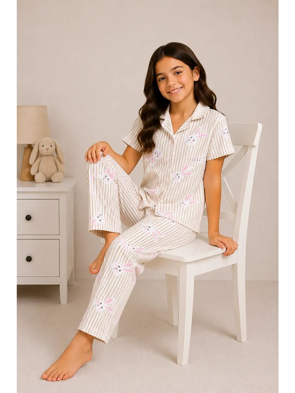 Ekru Desenli Kız Çocuk Pijama Takımı 9927-4