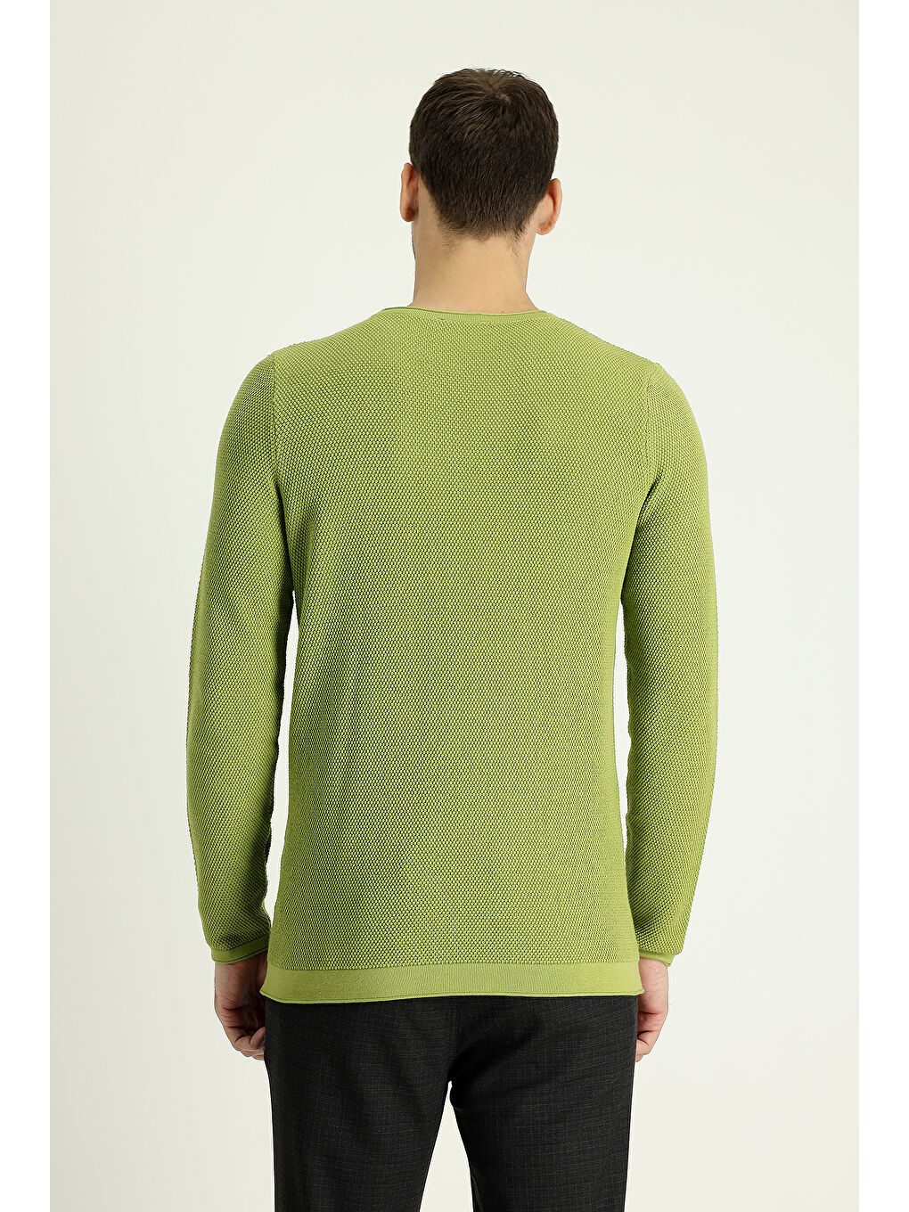 Yeşil Bisiklet Yaka Slim Fit Dar Kesim Düz Pamuklu Triko Kazak-2