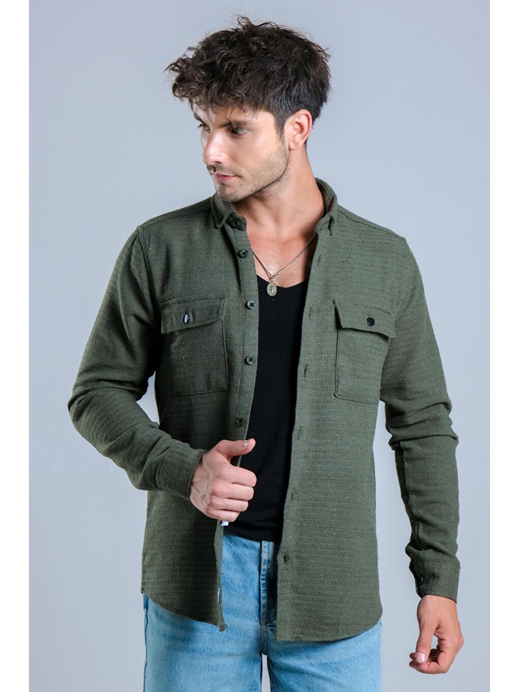 Haki Çift Cep Kapaklı Kışlık Gömlek MAR 4221-5