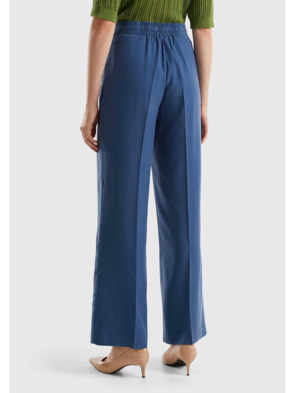 Kadın Gece Mavisi %100 Liyosel Önü Pileli Beli İpli ve Düğmeli Pantolon-1