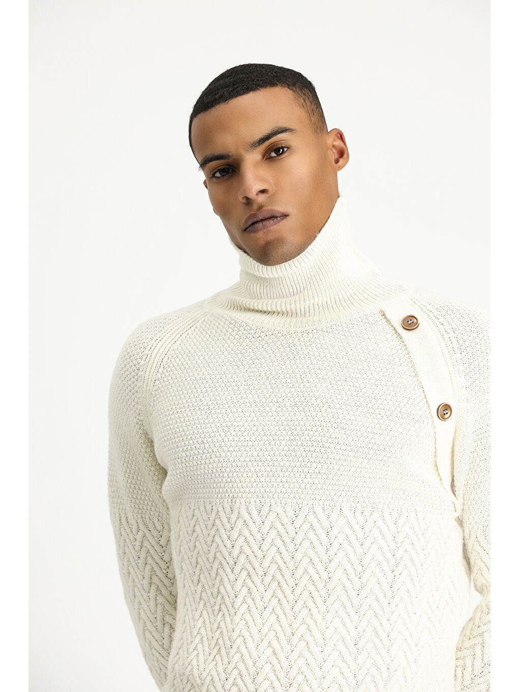 Ekru Balıkçı Yaka Slim Fit Dar Kesim Desenli Yünlü Triko Kazak-2