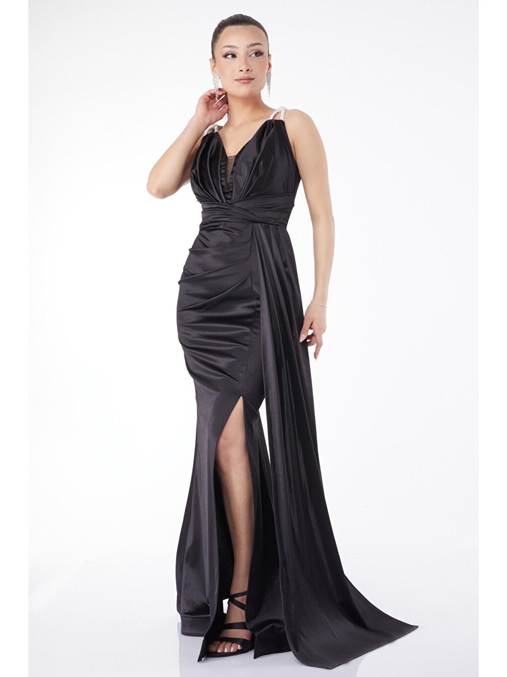 Orta Kadın Siyah Taş Askılı Drape Abiye Elbise - 24589-3