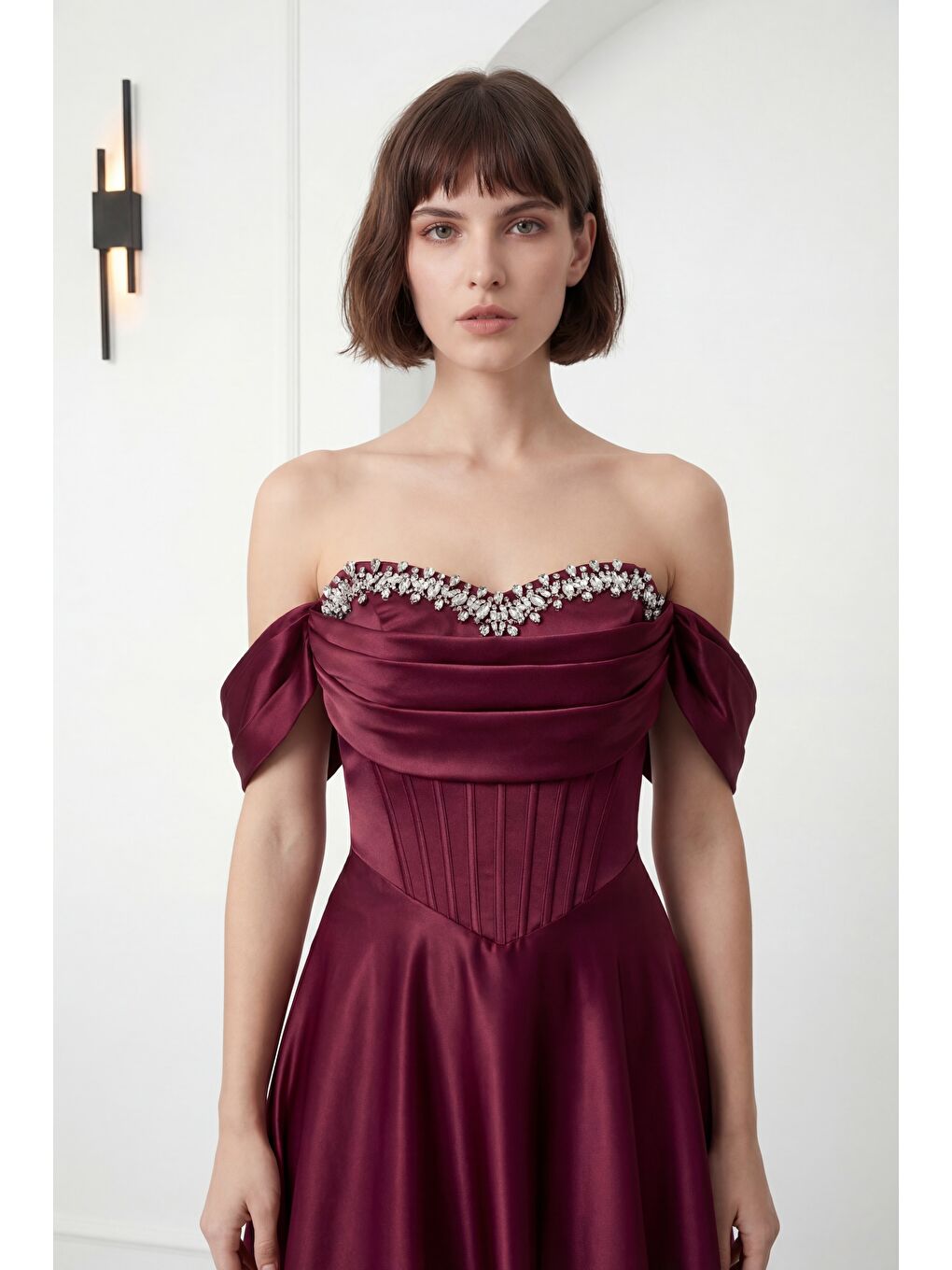 Kadın Bordo Kayık Yaka Taşlı Uzun Söz Nişan Nikah Abiye Elbise-2