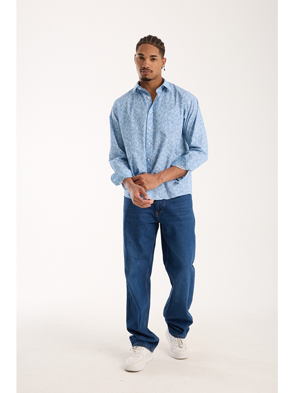 Rio Poplin Pamuklu Oversize Fit Açık Mavi Klasik Yaka Erkek Baskılı Gömlek-2