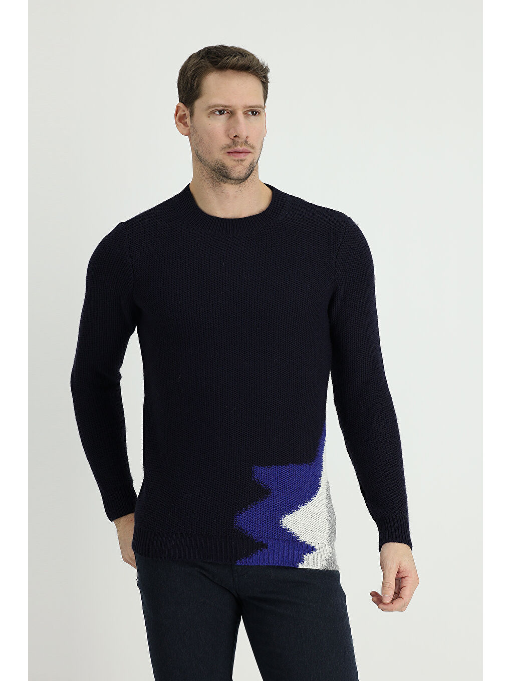 Lacivert Bisiklet Yaka Slim Fit Dar Kesim Yünlü Desenli Triko Kazak-1