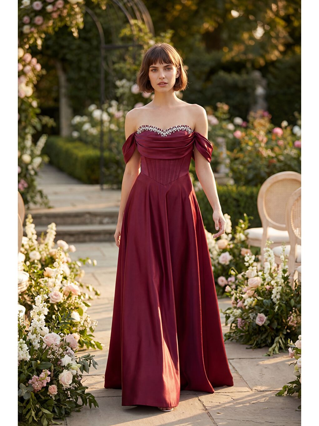 Kadın Bordo Kayık Yaka Taşlı Uzun Söz Nişan Nikah Abiye Elbise-3