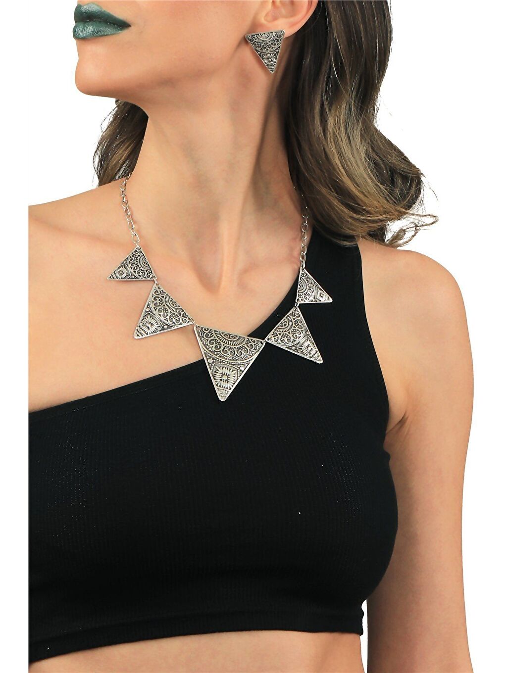 Gri Kadın Antik Gümüş Kaplama Etnik Kabartma Baskılı Üçgen Formlu Kolye & Küpe Set-1