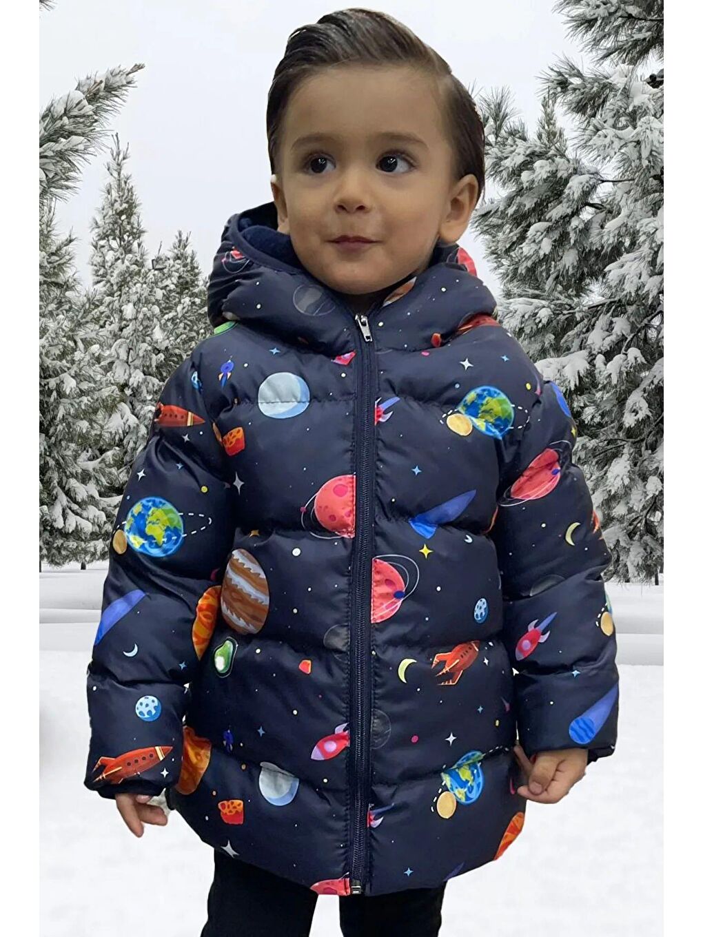 Lacivert Erkek Çocuk Polarlı Kapüşonlu Gezegen Yıldız Desenli Kışlık Şişme Mont & Kaban & Parka-1