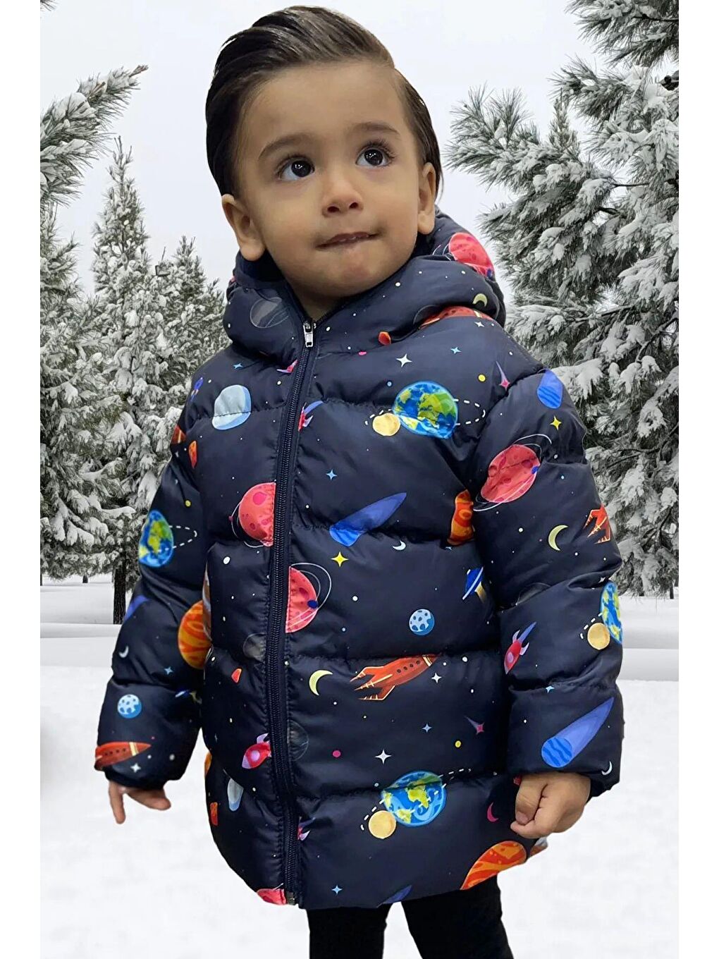 Lacivert Erkek Çocuk Polarlı Kapüşonlu Gezegen Yıldız Desenli Kışlık Şişme Mont & Kaban & Parka-2