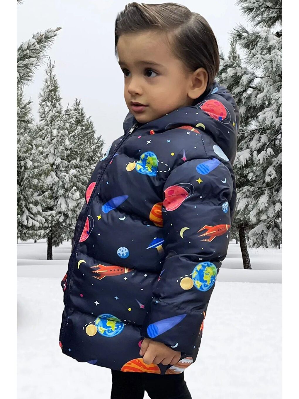 Lacivert Erkek Çocuk Polarlı Kapüşonlu Gezegen Yıldız Desenli Kışlık Şişme Mont & Kaban & Parka-3