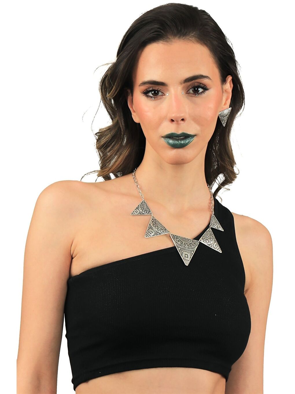 Gri Kadın Antik Gümüş Kaplama Etnik Kabartma Baskılı Üçgen Formlu Kolye & Küpe Set-2