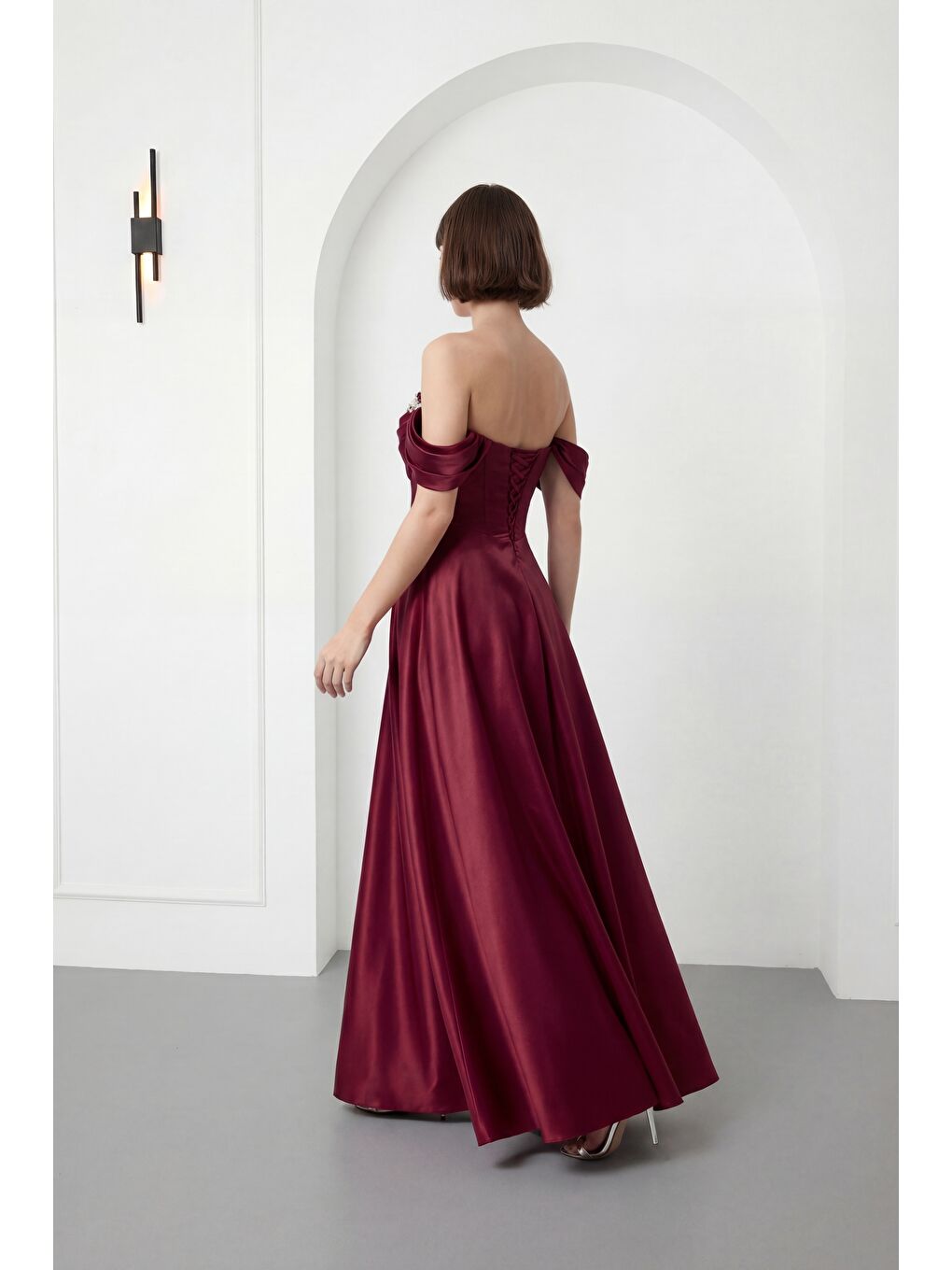 Kadın Bordo Kayık Yaka Taşlı Uzun Söz Nişan Nikah Abiye Elbise-4