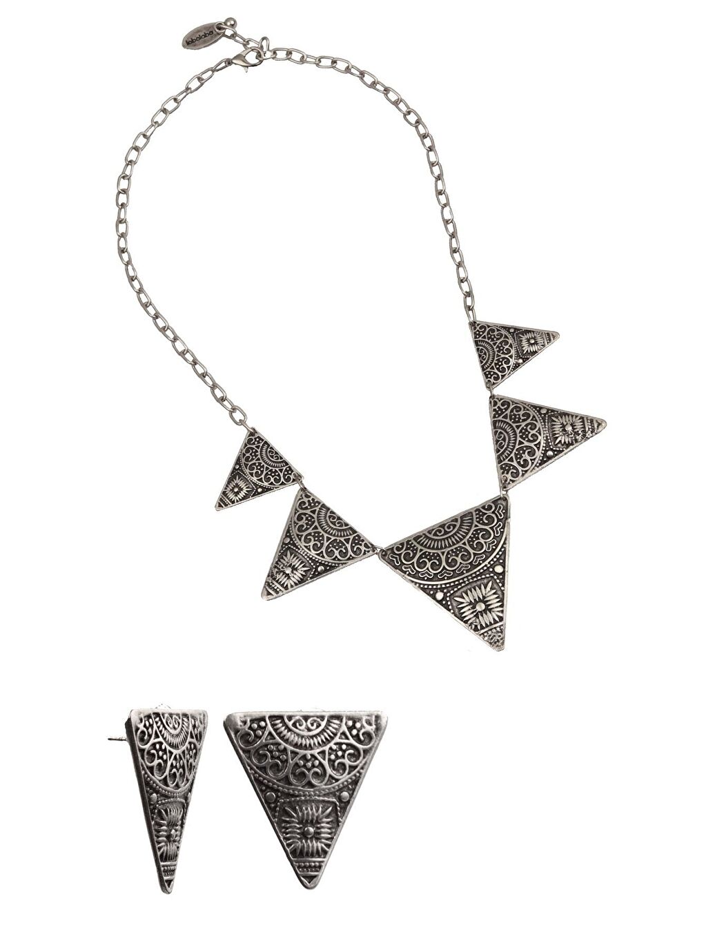 Gri Kadın Antik Gümüş Kaplama Etnik Kabartma Baskılı Üçgen Formlu Kolye & Küpe Set
