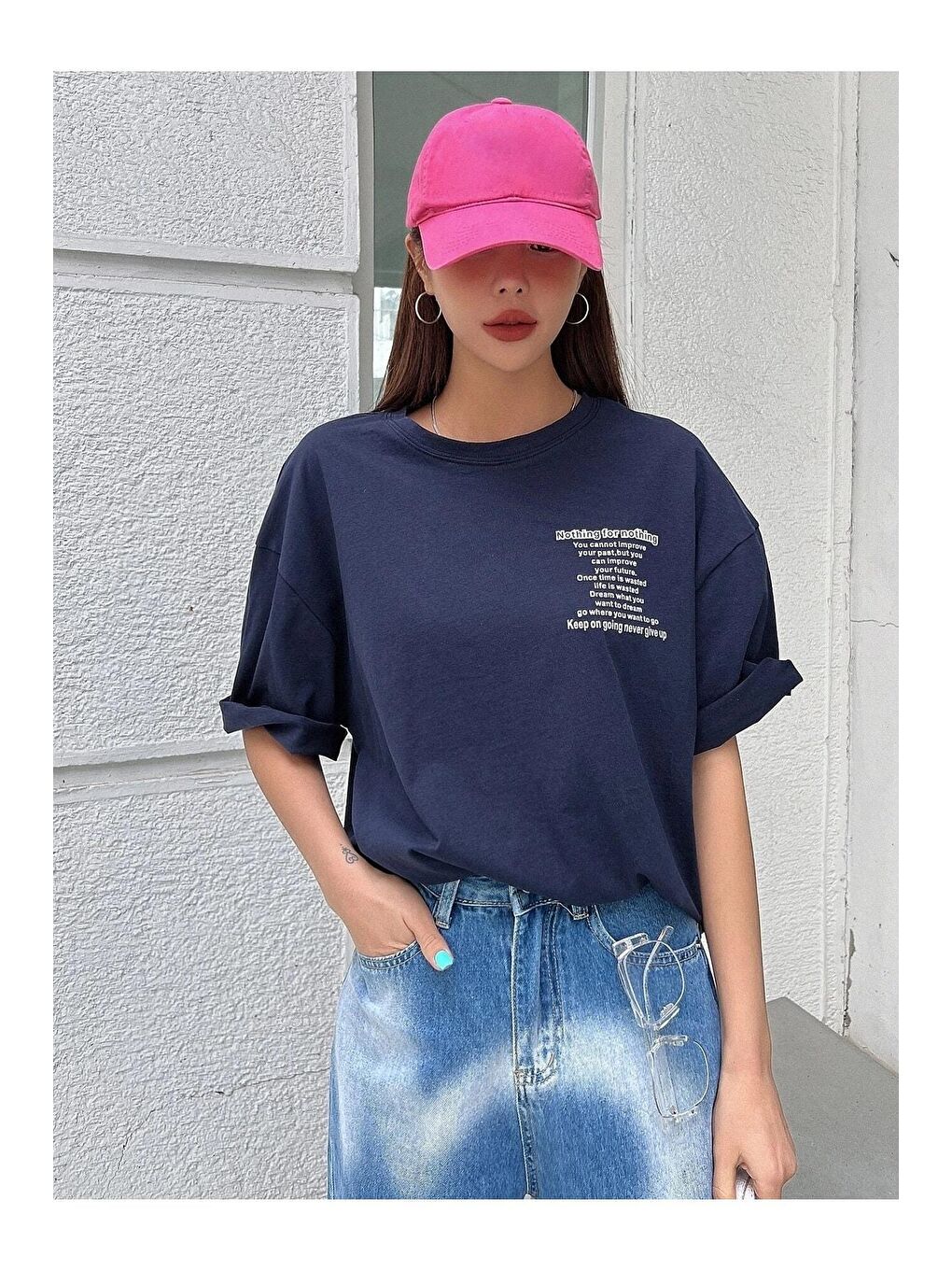 Trendseninle Lacivert Kadın Lacivert Nothing For Nothing Baskılı Oversize Tişört