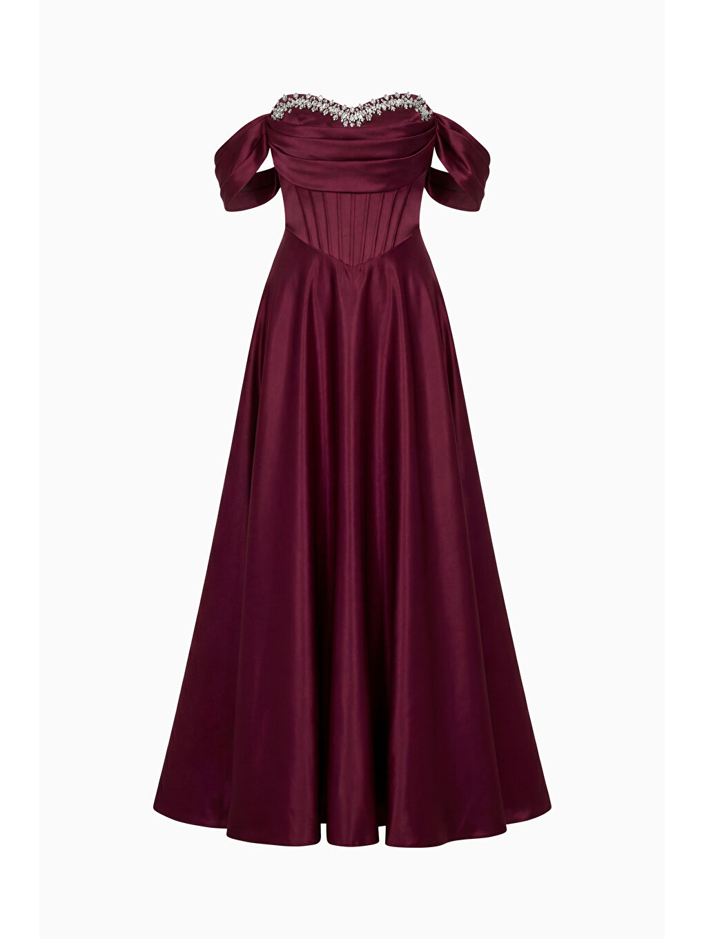 Kadın Bordo Kayık Yaka Taşlı Uzun Söz Nişan Nikah Abiye Elbise-5