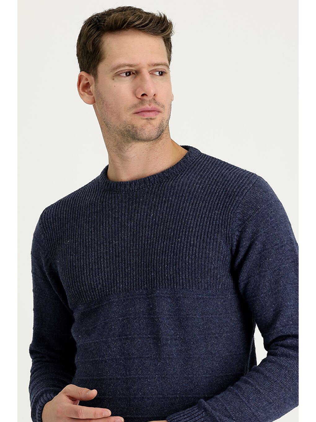 İndigo Bisiklet Yaka Slim Fit Dar Kesim Desenli Triko Büyük Beden Kazak-1