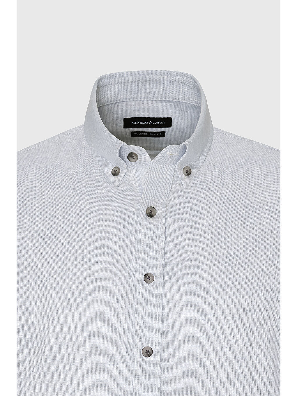 Erkek Mavi Dar Kesim Düğmeli Yaka Keten Görünümlü %100 Pamuk Flamlı Gömlek-7