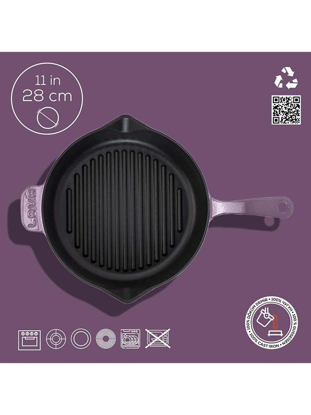 Mor Yuvarlak Izgara Tava Döküm Demir Yekpare Saplı Çap(Ø)28cm.-3