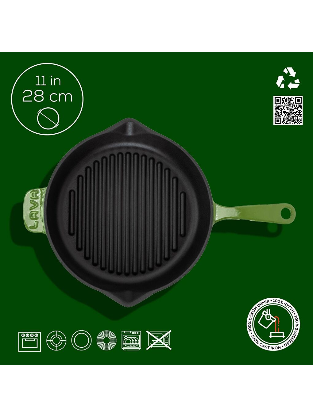 Yeşil Yuvarlak Izgara Tava Döküm Demir Yekpare Saplı Çap(Ø)28cm.-3