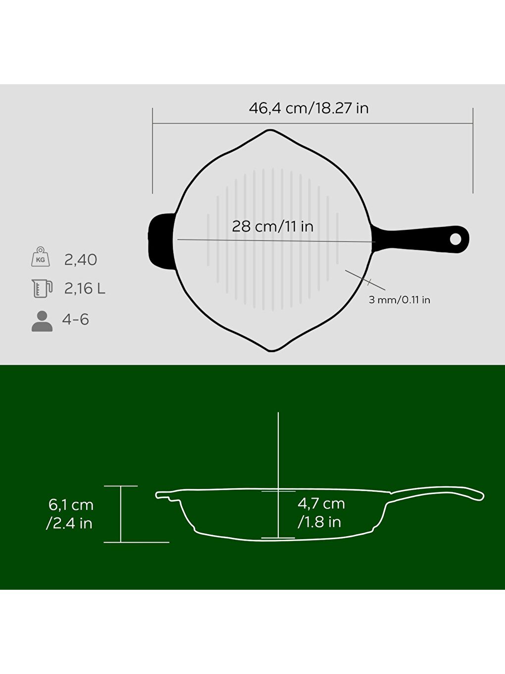 Yeşil Yuvarlak Izgara Tava Döküm Demir Yekpare Saplı Çap(Ø)28cm.-4