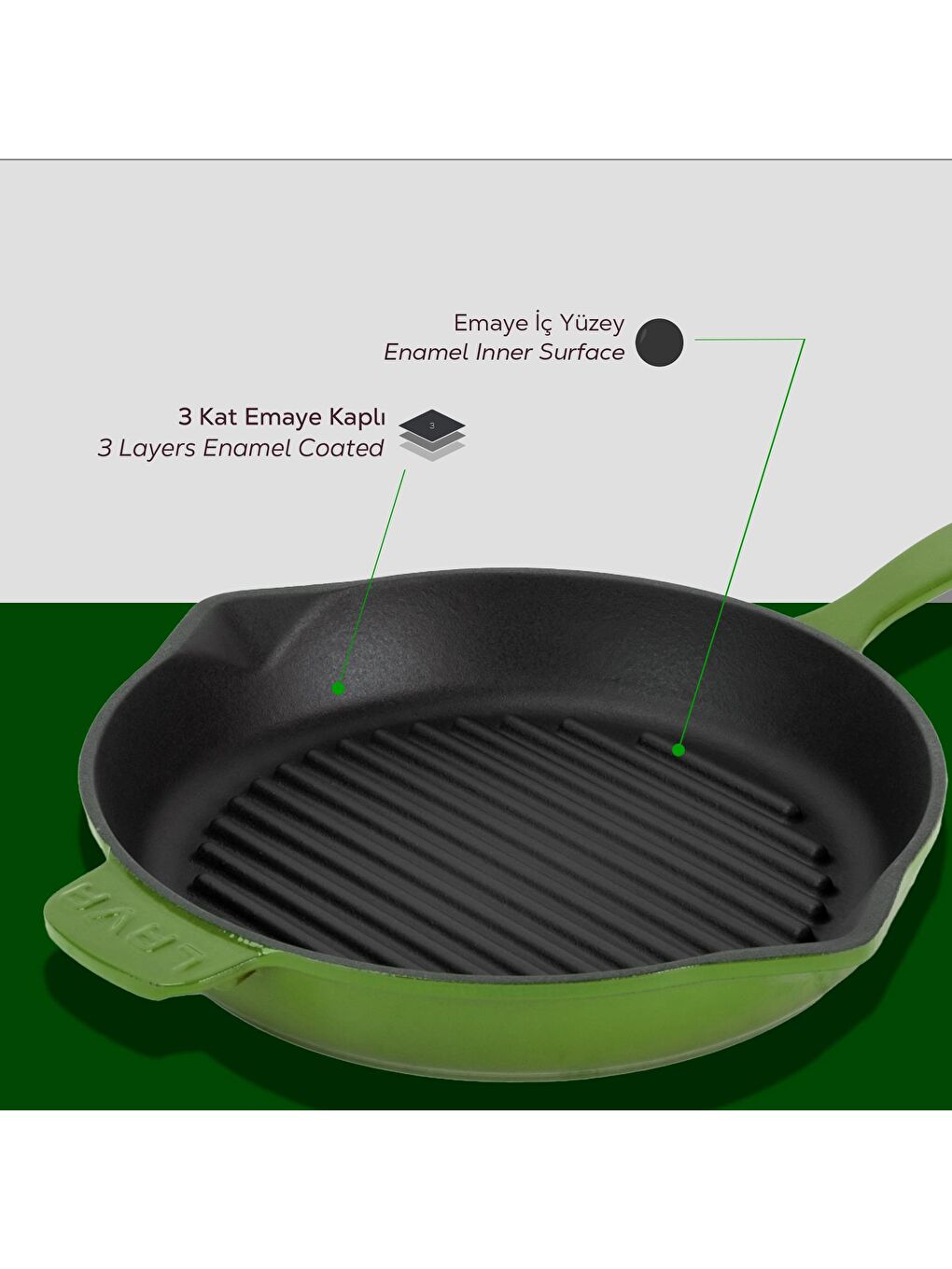 Yeşil Yuvarlak Izgara Tava Döküm Demir Yekpare Saplı Çap(Ø)28cm.-5