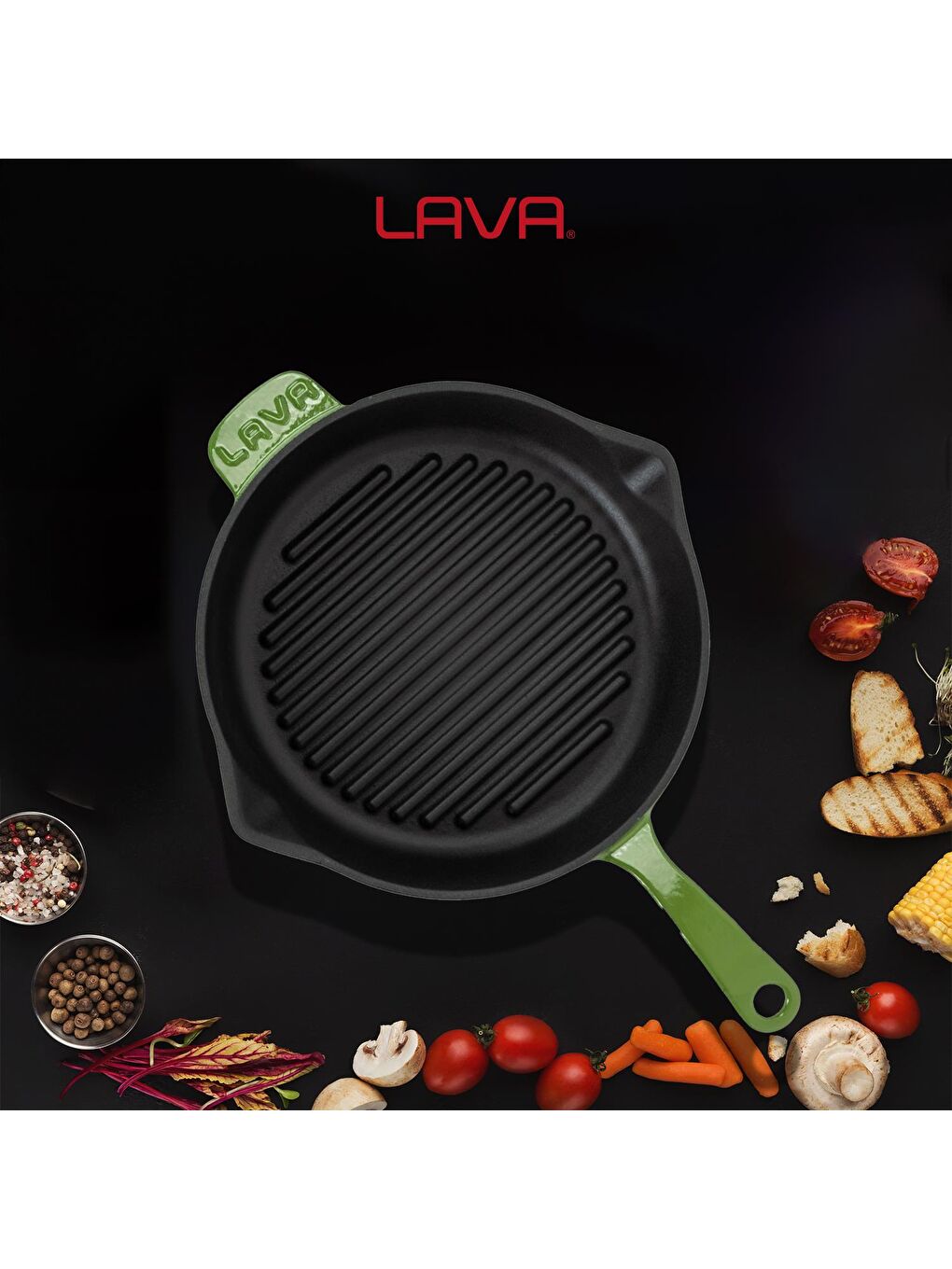 Yeşil Yuvarlak Izgara Tava Döküm Demir Yekpare Saplı Çap(Ø)28cm.-6