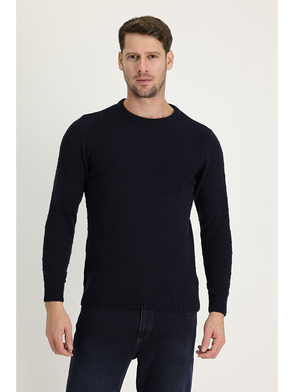 Lacivert Bisiklet Yaka Slim Fit Dar Kesim Desenli Triko Büyük Beden Kazak-1