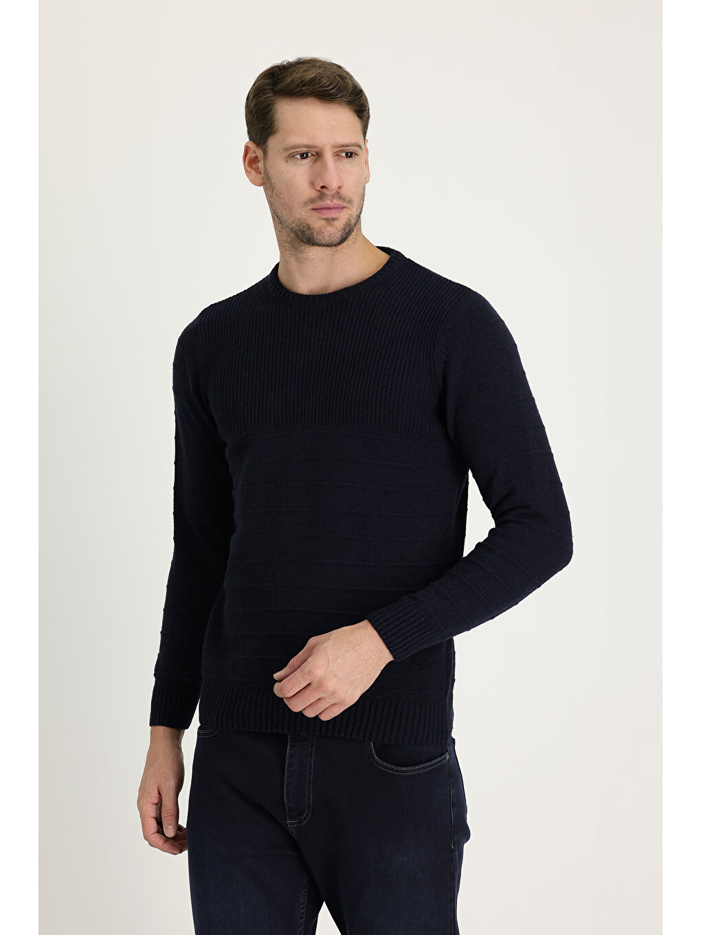 Lacivert Bisiklet Yaka Slim Fit Dar Kesim Desenli Triko Büyük Beden Kazak-2