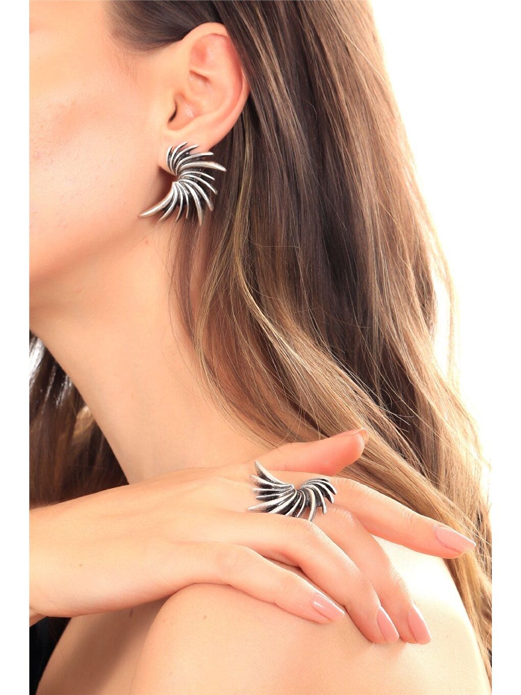 Gri Kadın Antik Gümüş Kaplama Ayarlanabilir Sırça Yüzük & Çivili Model Küpe Seti-1