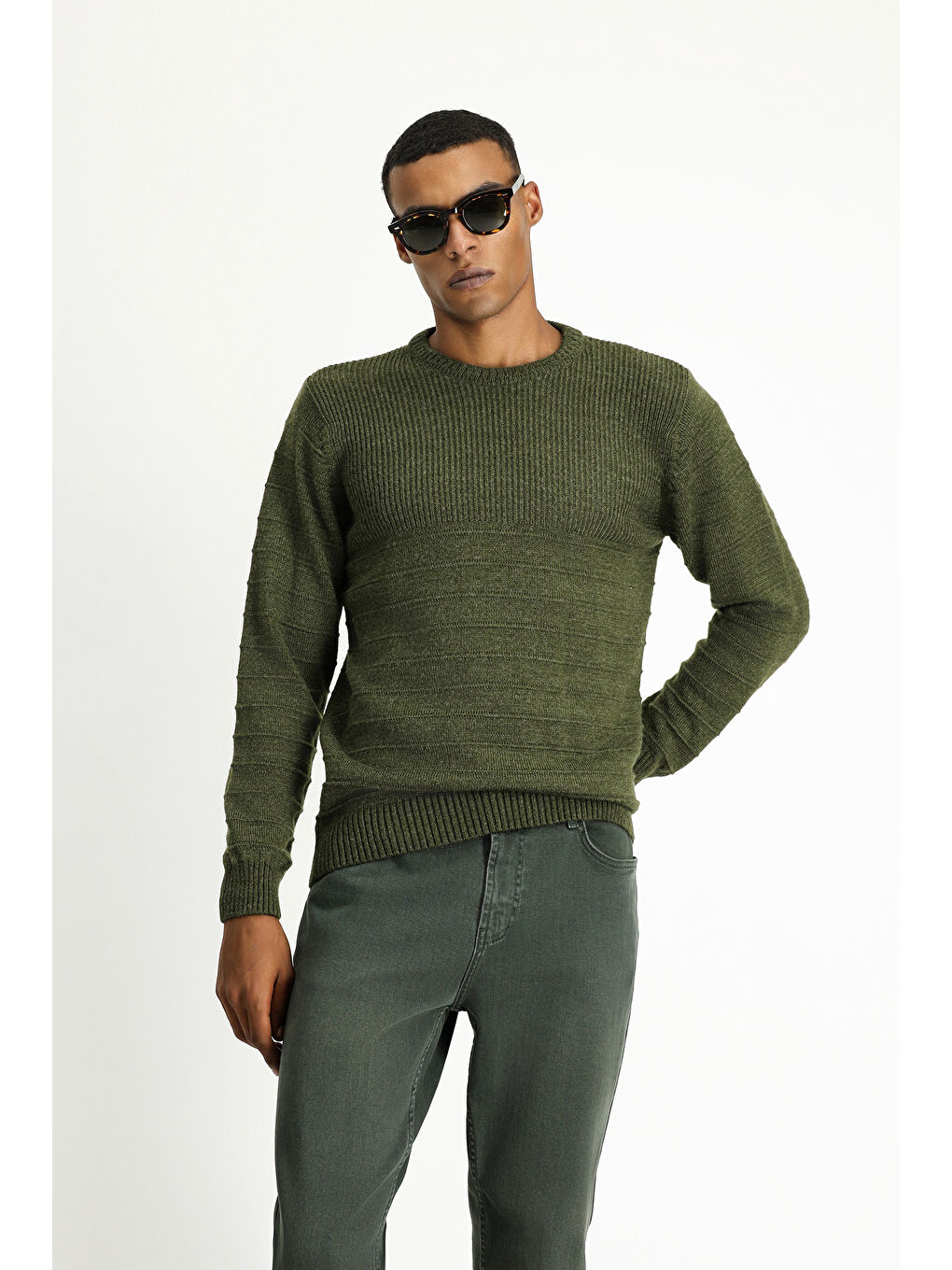 Haki Bisiklet Yaka Slim Fit Dar Kesim Desenli Triko Büyük Beden Kazak