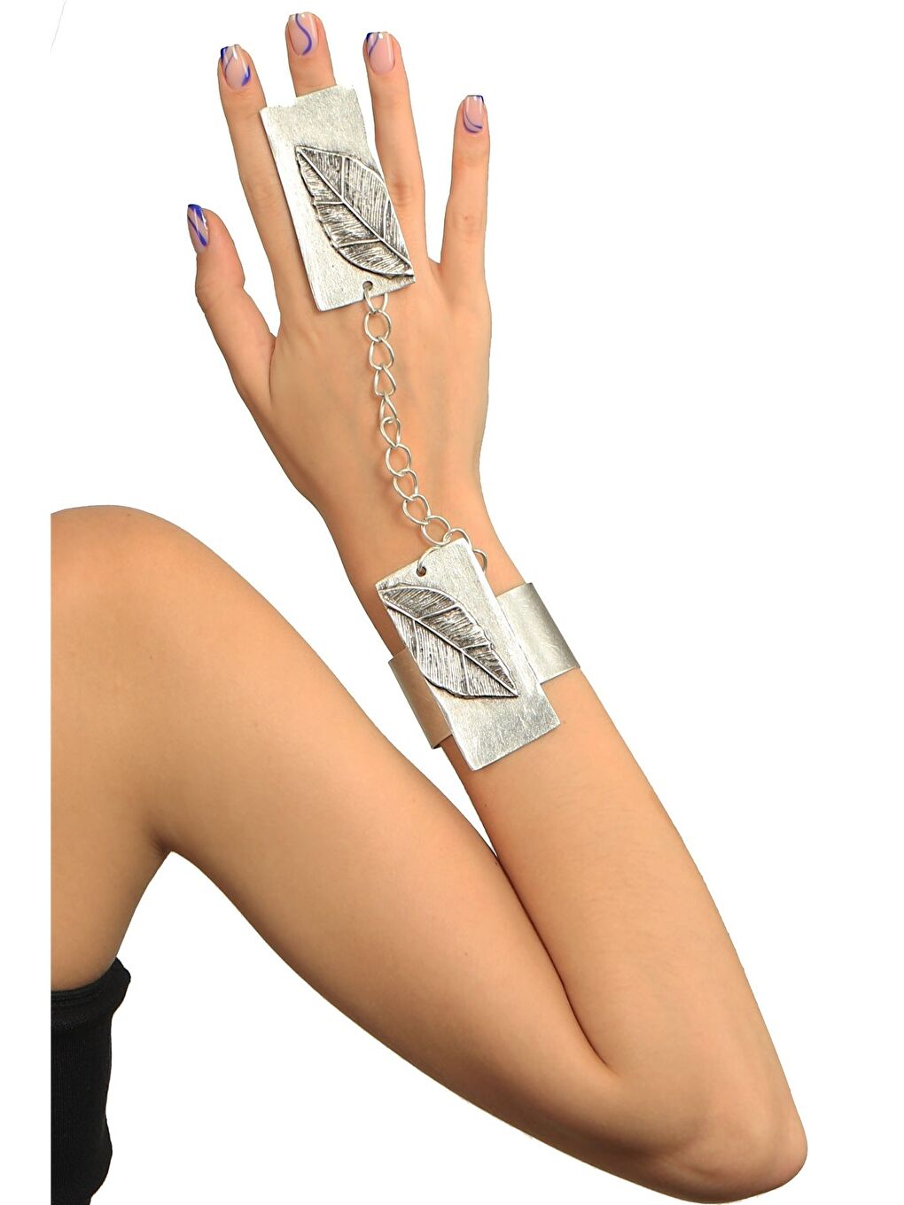 Gri Kadın Antik Gümüş Kaplama Ayarlanabilir Geniş Band Zincir Bağlantılı Yaprak Stilizesi Bileklik &-1