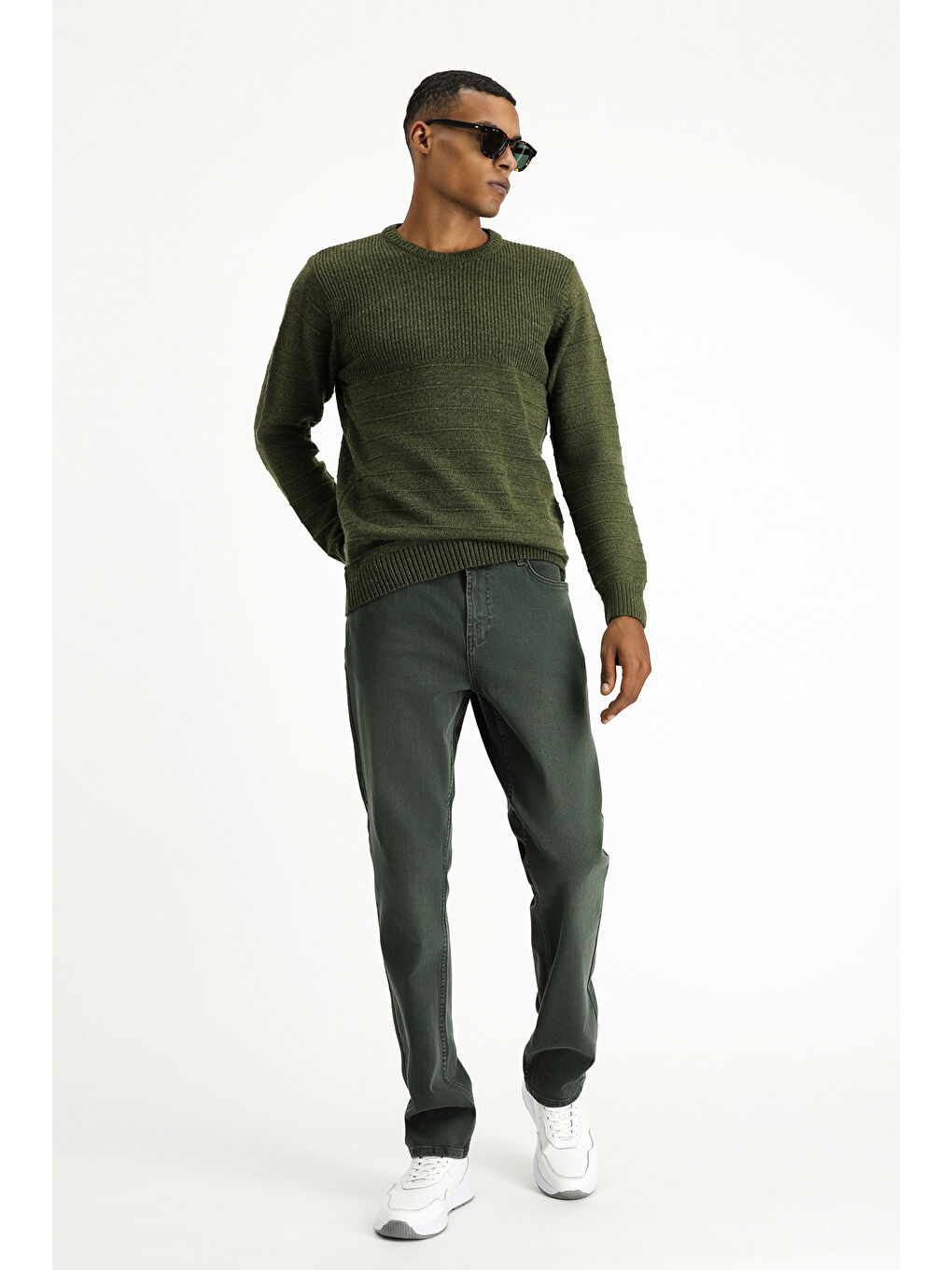 Haki Bisiklet Yaka Slim Fit Dar Kesim Desenli Triko Büyük Beden Kazak-1