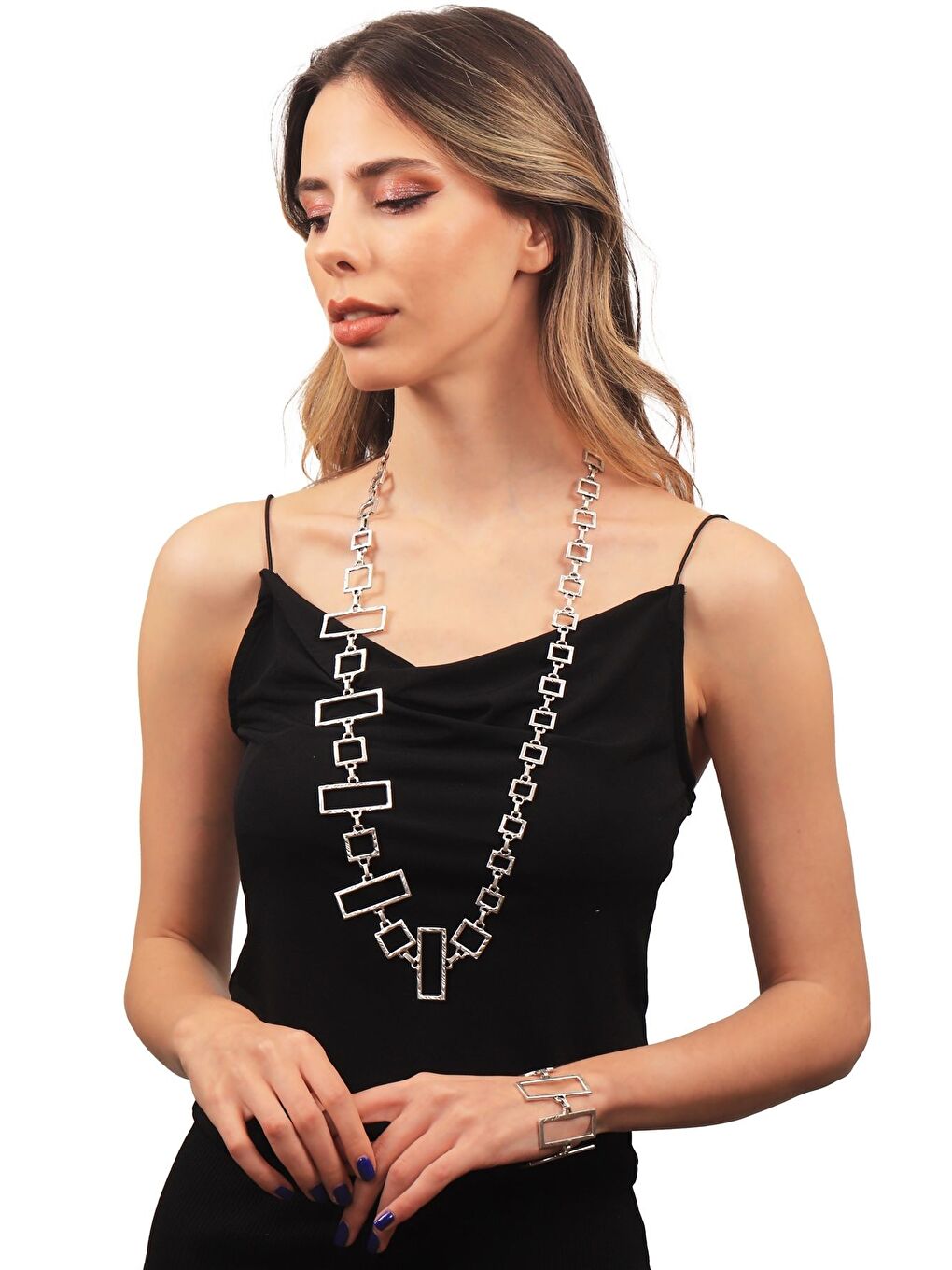 Gri Kadın Antik Gümüş Kaplama Dövülmüş Dokulu Geometrik Kolye & Bileklik Set-5